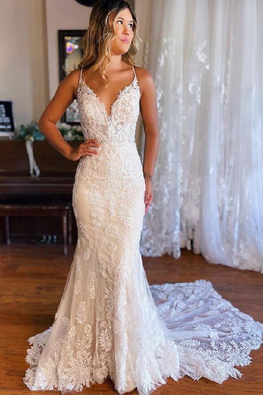 romantic wedding dressesStraps Mermaid V Neck Lace Wedding Dress with Appliques N117