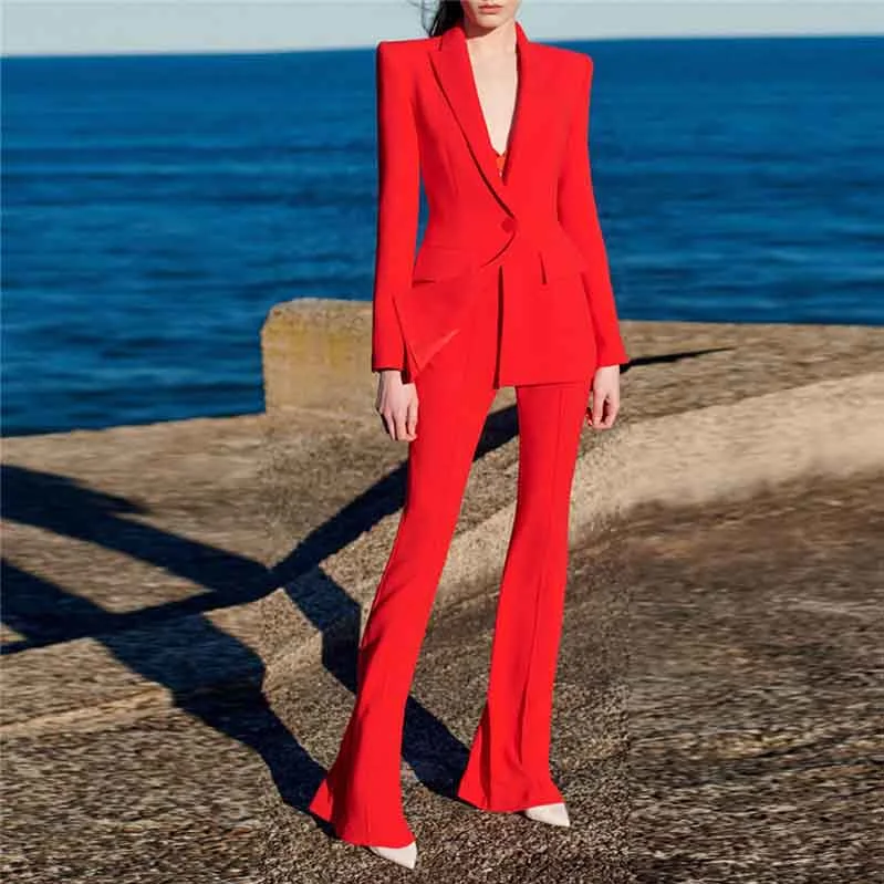 classic wedding dressesWomen's Red Pantsuit Blazer+High Waisted Flare Pants Suit Wedding Pantsuit