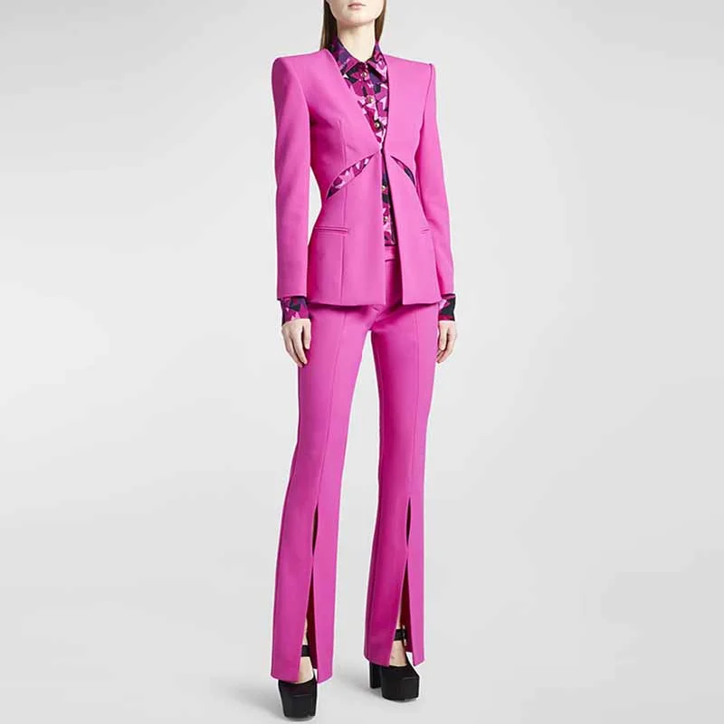 ethical wedding dressesWomen Cut Out Fitted Blazer + Mid-High Rise Slim fit Flare Trousers Pants Suit Wedding Suit