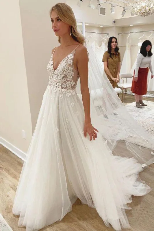 chiffon wedding dressesV Neck Tulle Appliques A Line Spaghetti Straps Beach Wedding Dresses OK1794