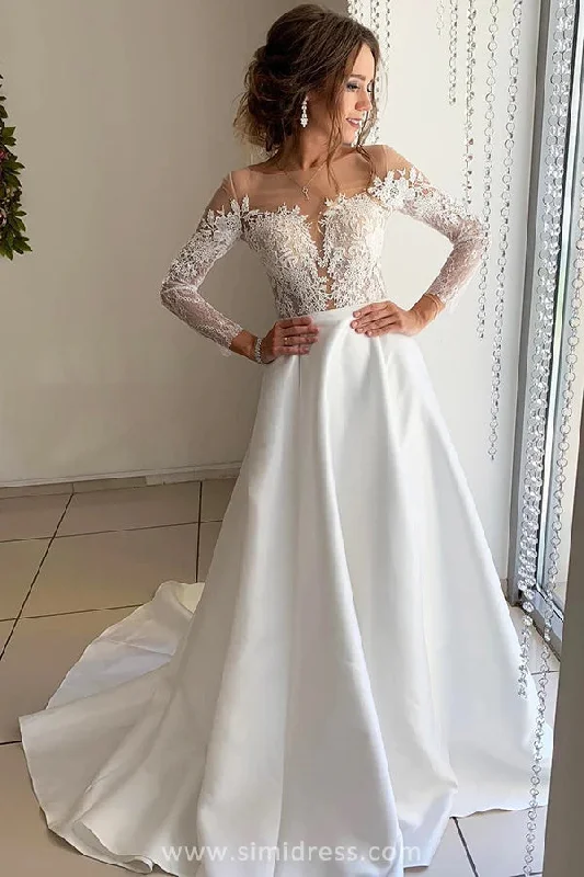 rustic elegance wedding dressesBeautiful A Line Satin Long Sleeves Open Back Wedding Dresses with Lace Appliques OK1676