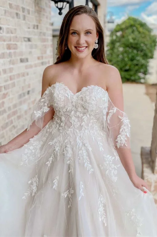 ethical wedding dressesRomantic Off White Appliques Off-the-Shoulder Sweetheart A Line Long Wedding Dress OK1623