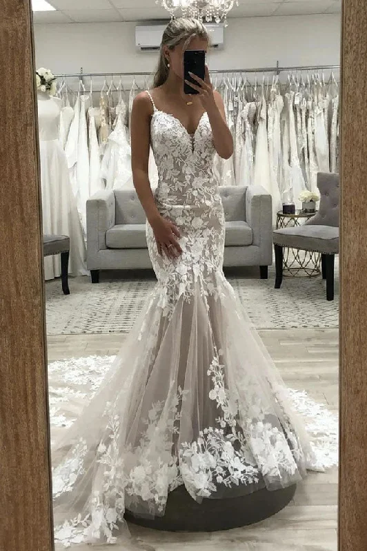 intricate wedding dressesV Neck Mermaid Lace Appliques Long Wedding Dresses, Elegant Bridal Dresses OK1728