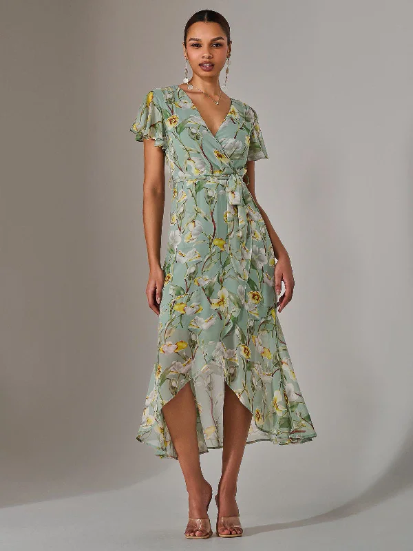 midi dresses with adjustable strapsChiffon Wrap Midi Dress, Teal Floral