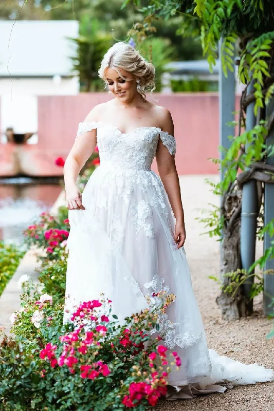 embroidered wedding dressesIvory Sweetheart Tulle A Line Off Shoulder With Floral Patterns Beach Wedding Dresses OK1788