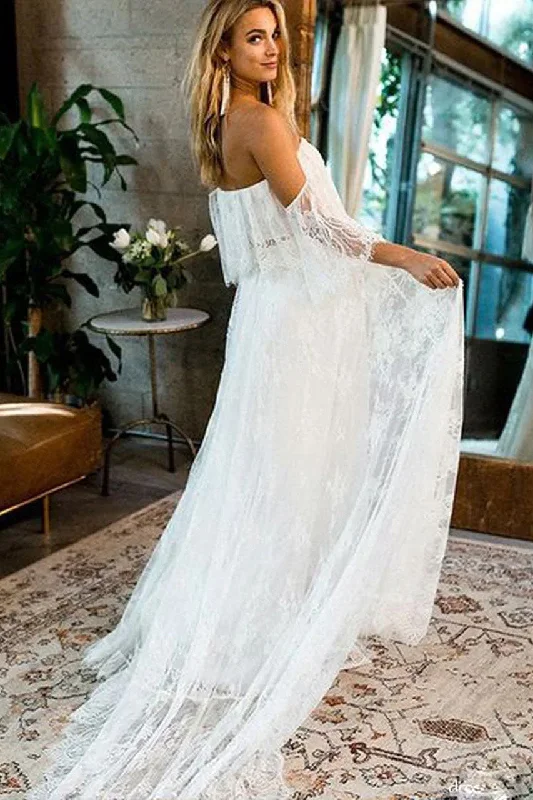 organza wedding dressesOff the Shoulder Long A Line Lace Beach Wedding Dresses OK1792