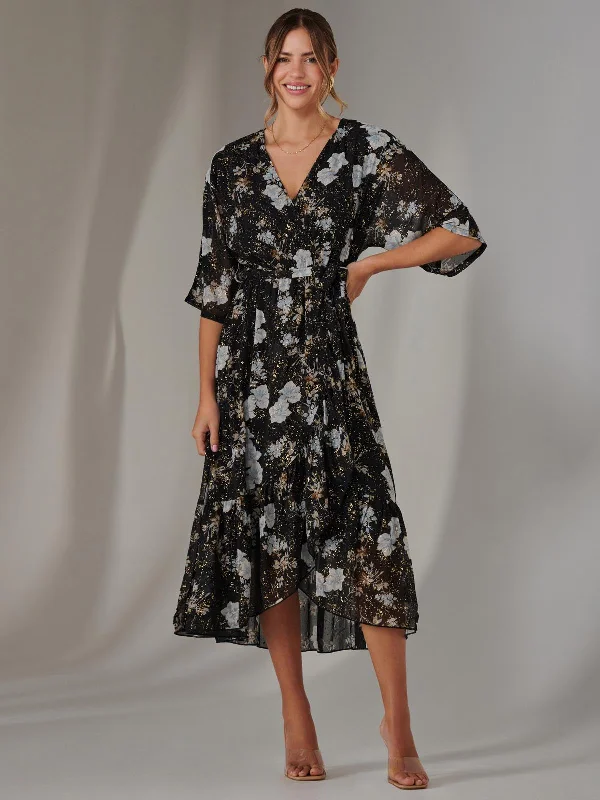 midi dresses with frillsRita Ruffle Hem Chiffon Midi Dress, Black Floral