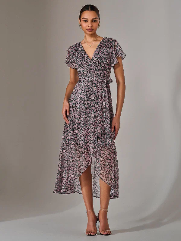 midi dresses with pockets and sleevesChiffon Wrap Midi Dress, Pink Pattern