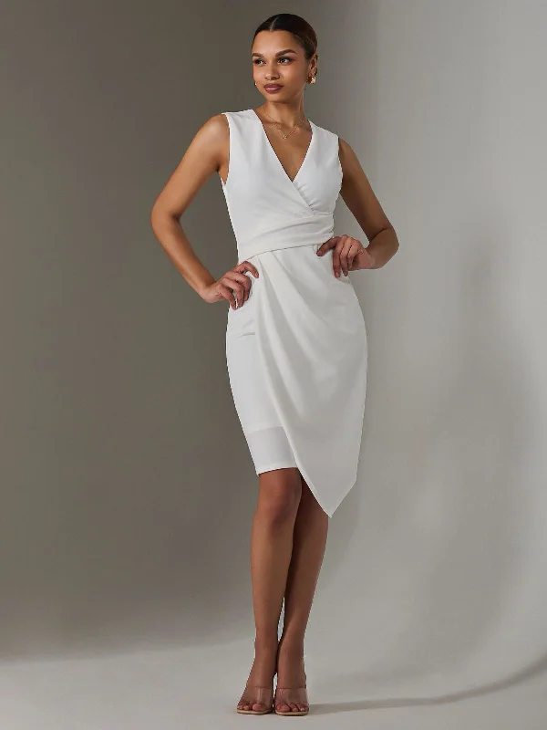 body-hugging midi dressesSleeveless Wrap Front Midi Dress, White