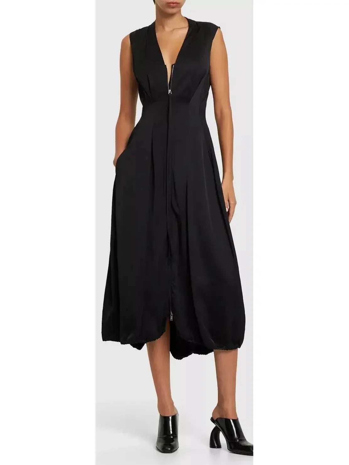 midi dresses with sleevesSleeveless Drawstring Midi-Dress in Black