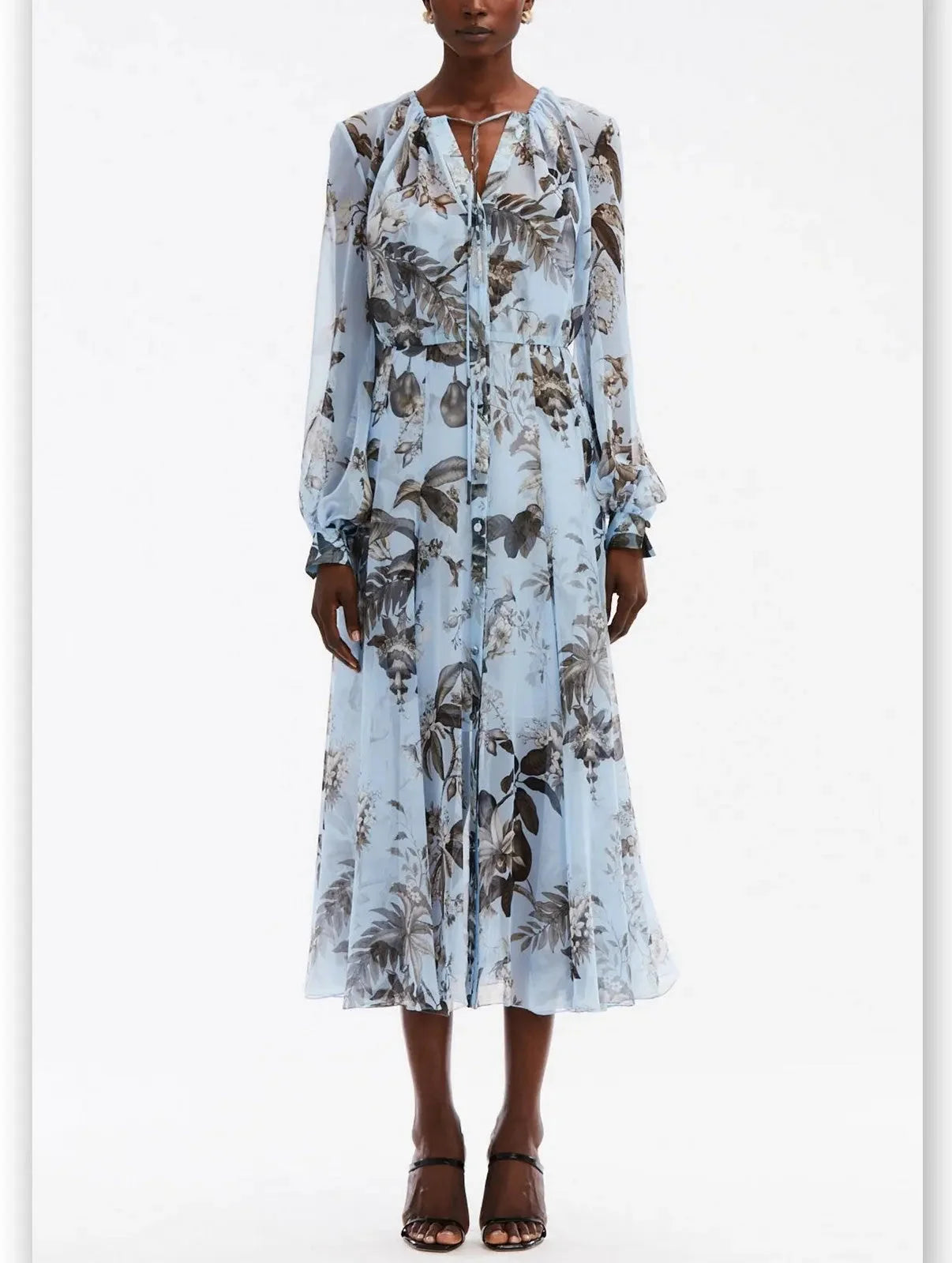 casual everyday midi dressesFloral Print Silk Chiffon Midi Dress in Light Blue