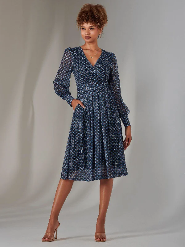 casual everyday midi dressesLong Sleeve Lace Print Midi Dress, Navy Geo