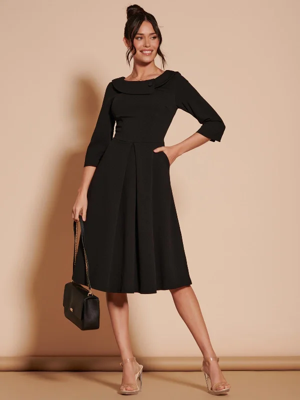 fitted midi dresses3/4 Sleeve Fold Neck Midi Dress, Black