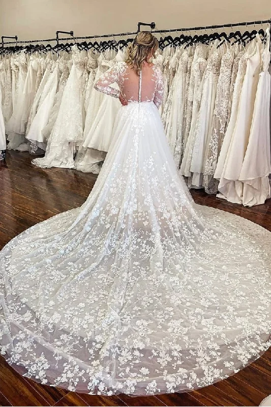 wedding dress cleaningPrincess Lace Long-sleeves Appliques A Line Wedding Dress with Cathedral Train OK1585