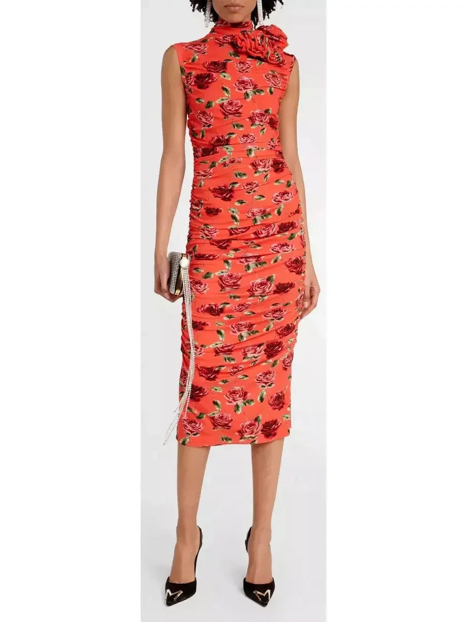 comfortable midi dressesFloral-Appliqué Printed Midi Dress