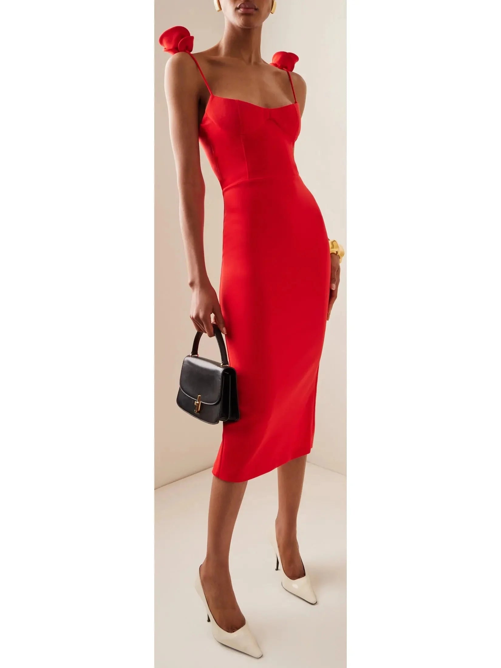 midi bodycon dressesRose-Detailed Red Midi Dress