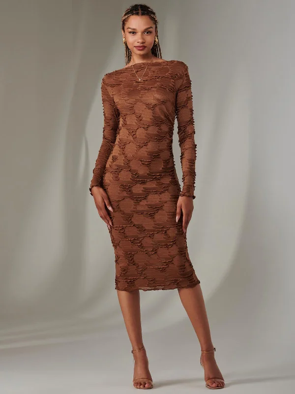 midi dresses for workLong Sleeve Textured Midi Dress, Dark Brown