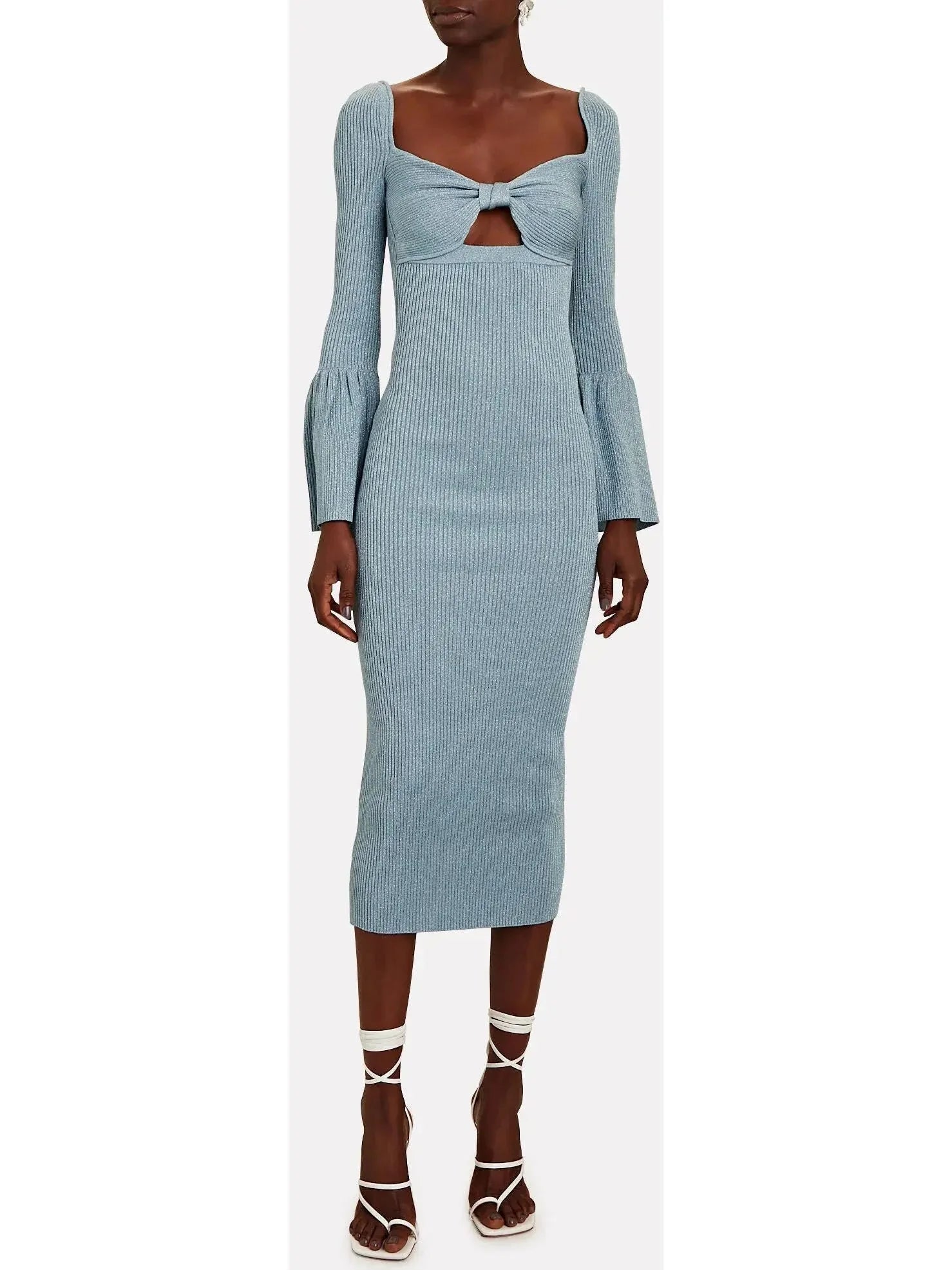 midi dresses for petitesLurex Flared-Cuff Knit Midi Dress, Light Blue