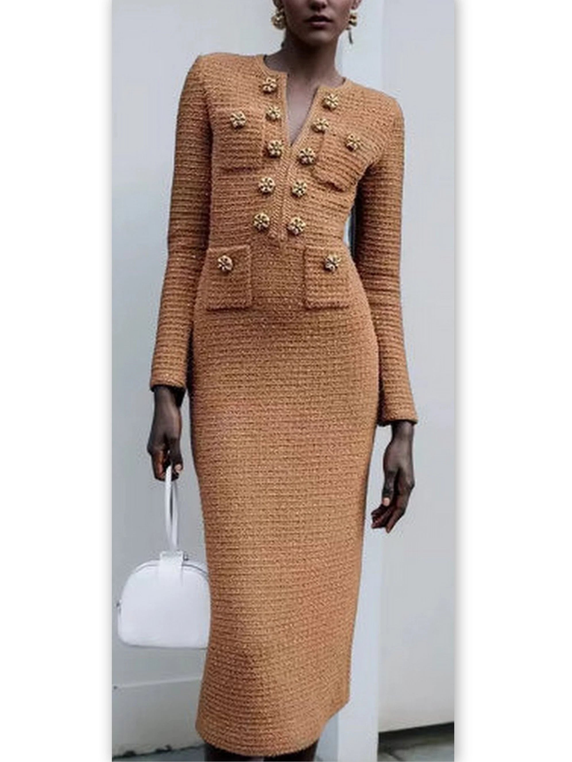 spaghetti strap midi dressesDecorative-Button-Embellished Brown Knit Midi Dress