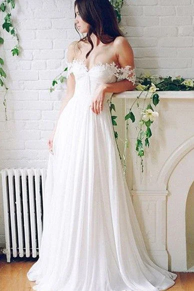 plus-size wedding dressesOff-the-shoulder A-line Lace Beach Wedding Dress,Simple White Chiffon Prom Dresses new OK282