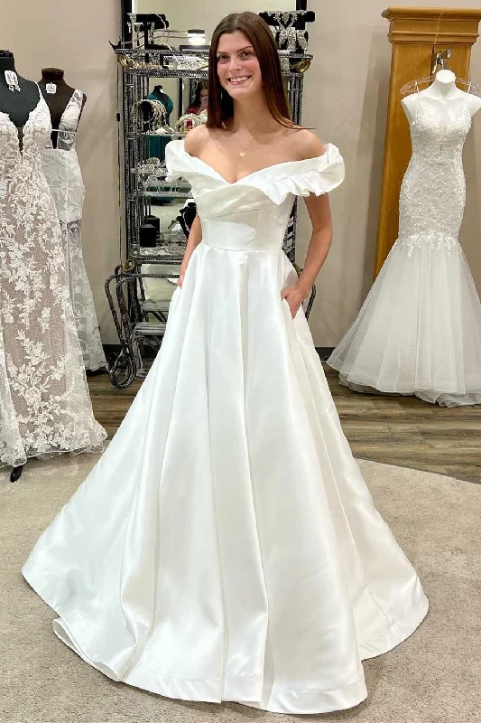 elegant wedding dressesOff White Off-the-Shoulder Ruffled A-Line Satin Bridal Wedding Dress OK1568