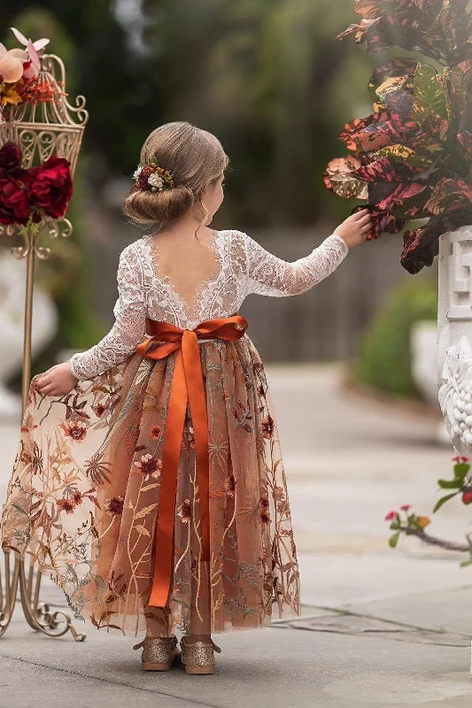 mermaid wedding dressesLong Sleeve Lace Tulle Flower Girl Dress for Fall Weddings - Burnt Orange