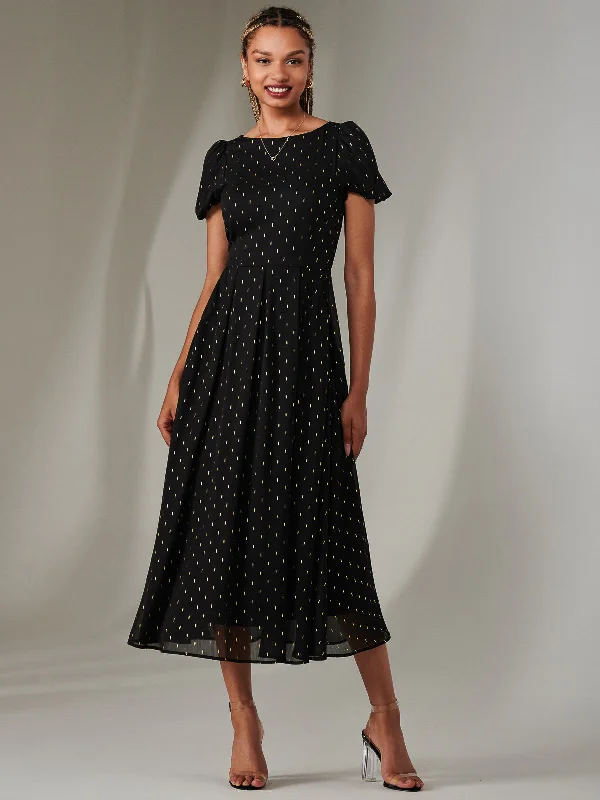 lace midi dressesMetallic Spot Chiffon Midimix Dress, Black