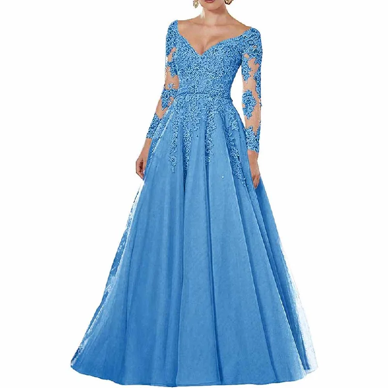 plus-size friendly wedding dressesWomen's Long Evening Dress Tulle V-neck Mother of the Bride Dress with Sleeves Formal Wedding Guest Dress