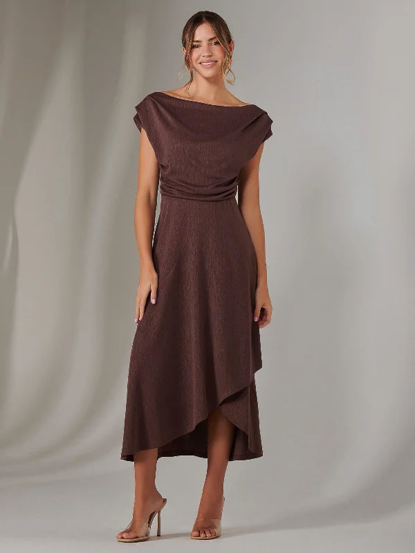 midi cocktail dressesAsymmmetric Draped Midi Dress, Brown