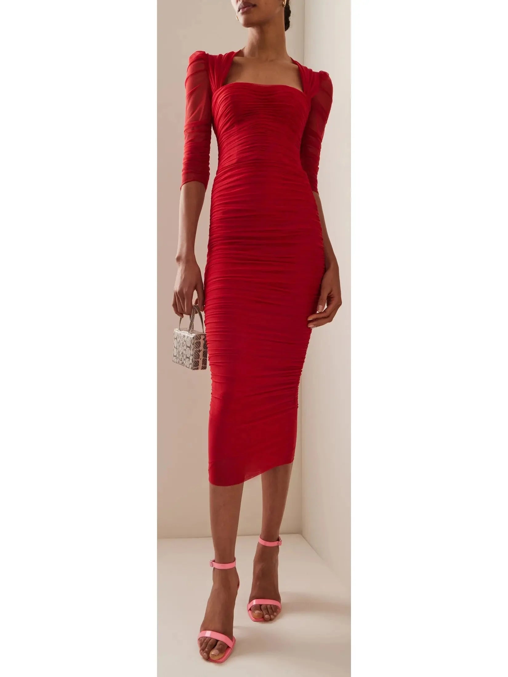 midi dresses for weddingsRuched Red Tulle Midi Dress