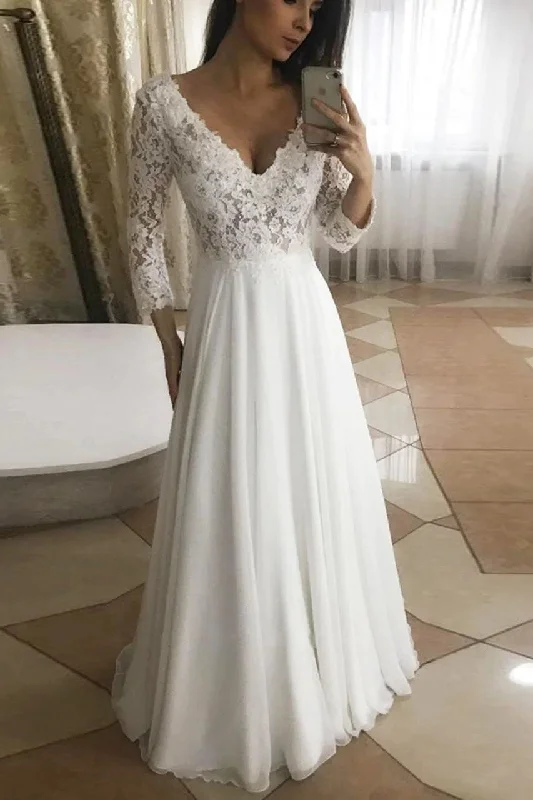 silk wedding dressesV Neck Long Sleeves Floor Length A Line Chiffon Lace Beach Wedding Dresses OK1795