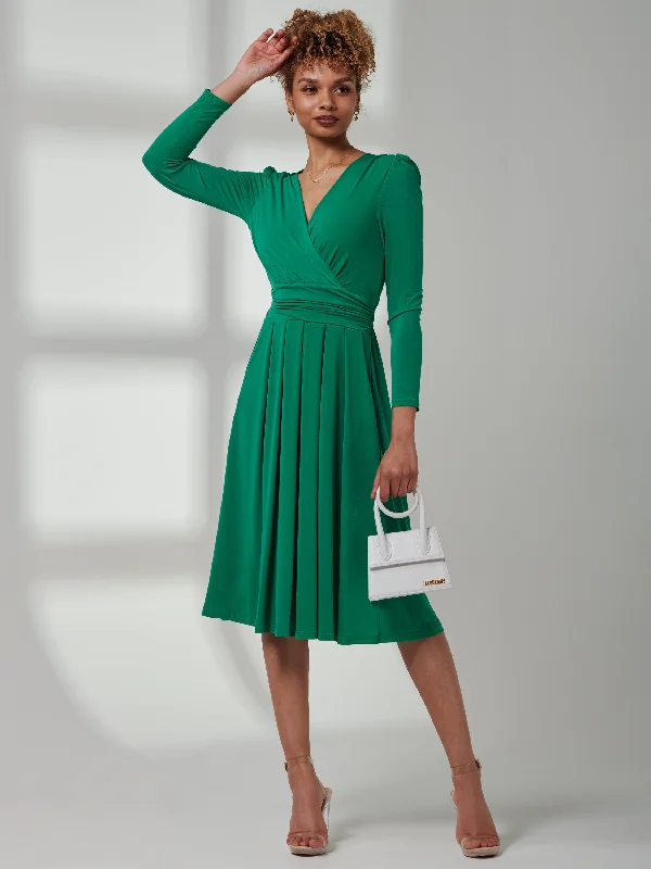 cinched-waist midi dressesPlain Long Sleeve Jersey Midi Dress, Green