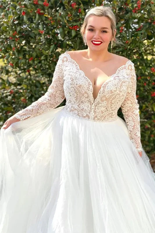 wedding dress with trainOff White Lace Top V-Neck Long Sleeves Backless Wedding Dress OK1618