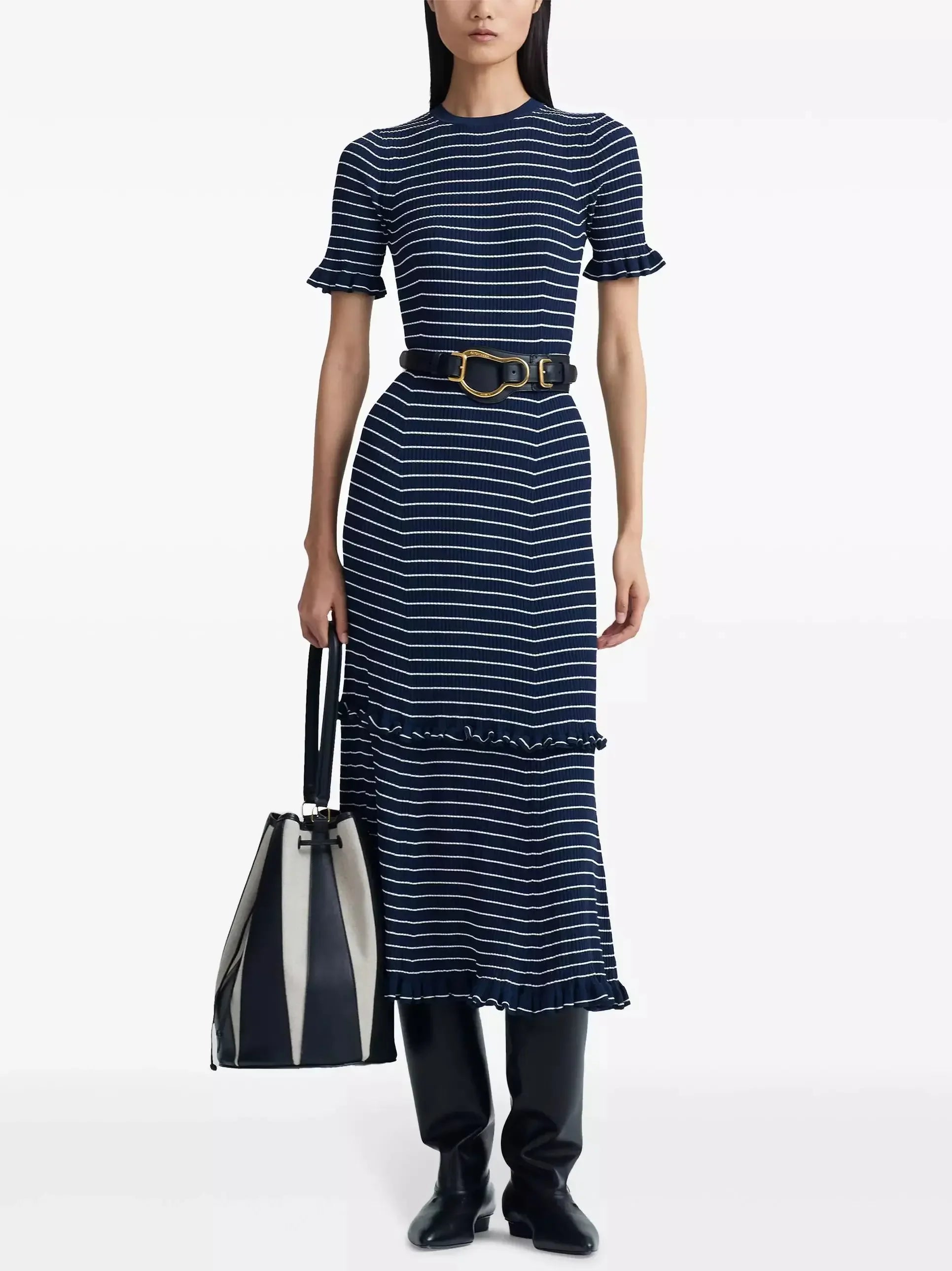 midi dresses for autumnStripe Ruffle Trim Midi Dress in Navy