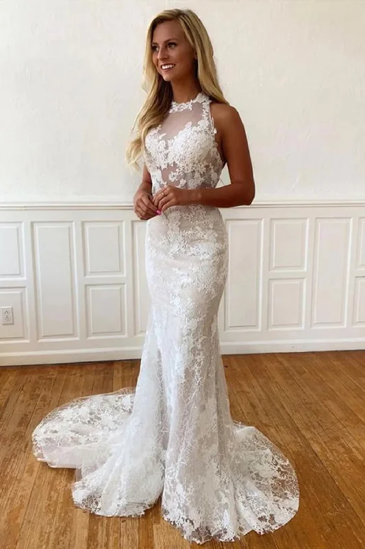 glamorous bohemian wedding dressesHalter Neck Backless Mermaid Off White Lace Long Wedding Dresses OK1952