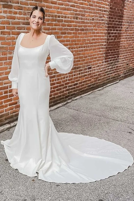 mother-of-the-bride wedding dressesCharming Square Neck Long Sleeves Satin Backless Mermaid Wedding Dress OK1621