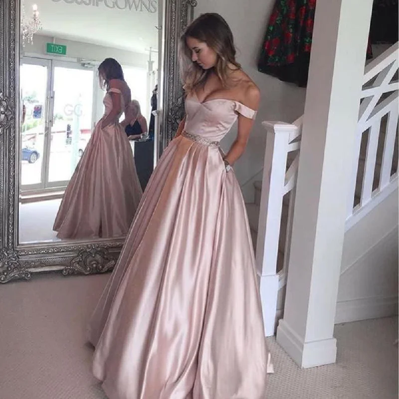 mermaid wedding dressesOff The Shoulder Satin Wedding Dress Beaded A.Line Prom Dress with Pocket