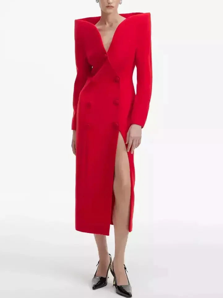 midi fit-and-flare dressesSculptured-Collar Buttoned Red Midi Dress