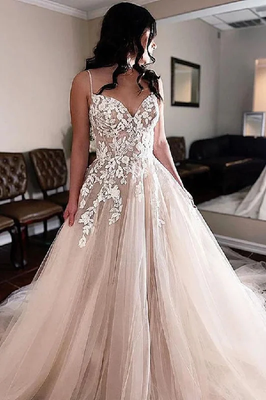 church wedding dressesA Line Tulle Spaghetti Straps V Neck Lace Appliques Wedding Dresses OK1731