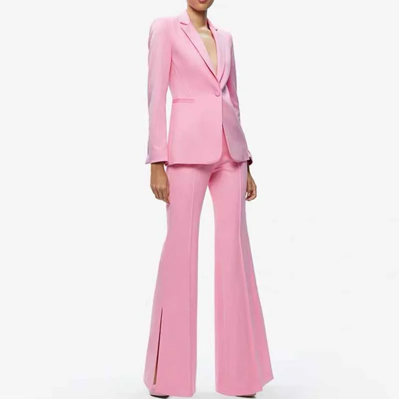 minimalist bohemian wedding dressesWomen's Suit Pink One Button Pantsuit Wide-Leg Formal Suit Wedding Outfit