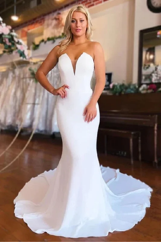 high-low wedding dressesSimple Ivory Mermaid Strapless Court Train Wedding Dresses, Long Bridal Gowns OK1767