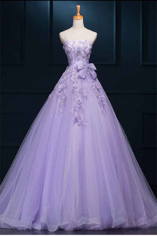 ball gown wedding dressesStrapless Long Purple Lace Big Wedding Dress With Bow W4