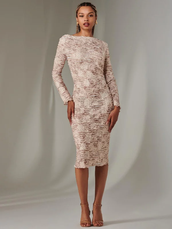 long-sleeved midi dressesLong Sleeve Textured Midi Dress, Beige Abstract