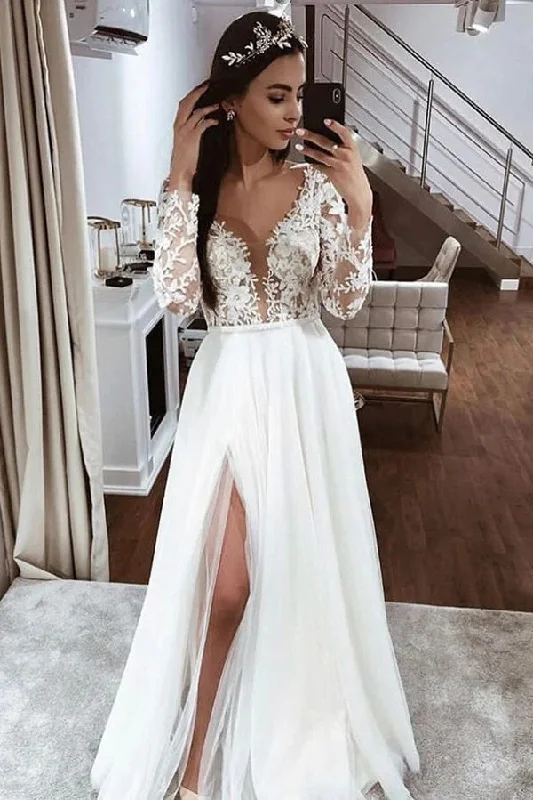 minimalist bohemian wedding dressesLace Top Long Sleeves A-line V-neck Open Back Wedding Dress with Slit OK1678