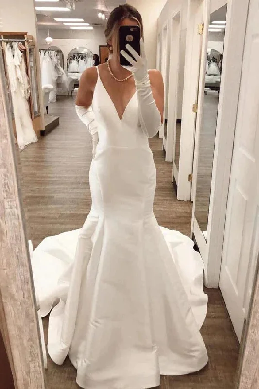 wedding dress with detachable trainSimple Ivory Satin Mermaid V Neck Wedding Dresses, Bridal Gowns OK1889