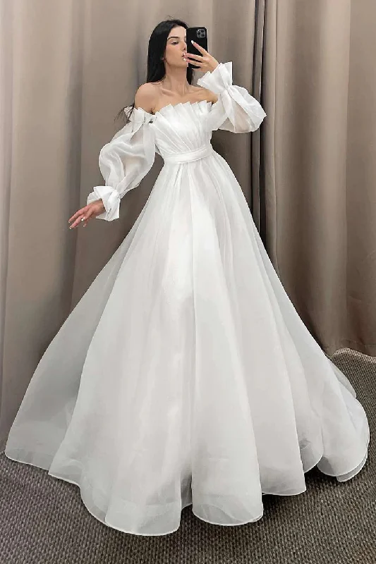 wedding dress with sleevesElegant Off White Strapless Pleated A-Line Wedding Dress with Detachable Sleeves OK1907