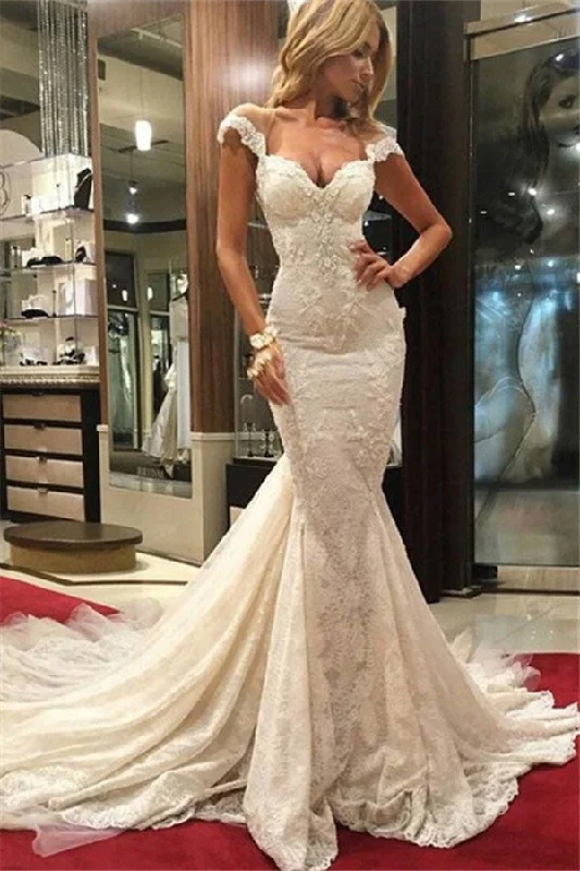 long sleeve wedding dressesSexy Mermaid Lace Wedding Dress new Cap Sleeves Appliques Bridal Gowns OK106