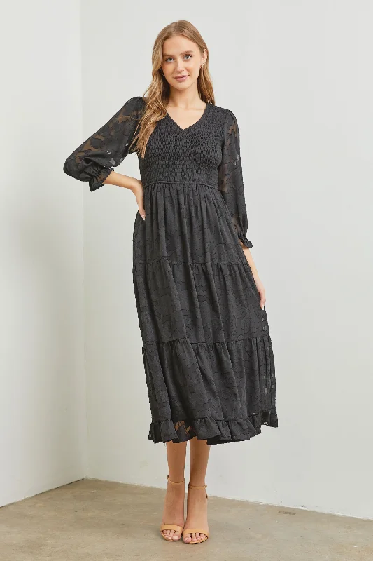 midi dresses in solid colorsAnnaliese modest midi dress in black-final sale