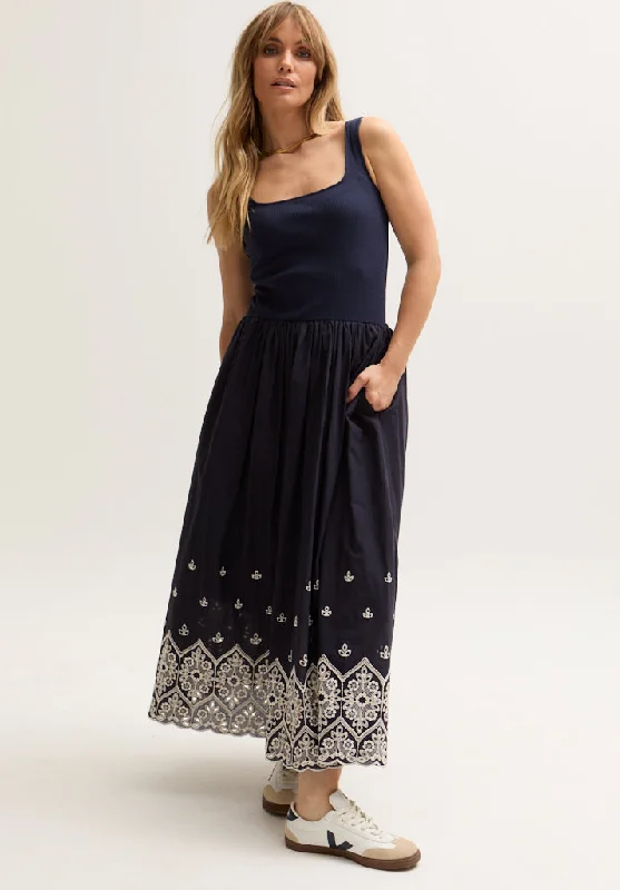 fitted midi dressesCora Sleeveless Jersey Bodice Embroidered Midi Dress In Navy