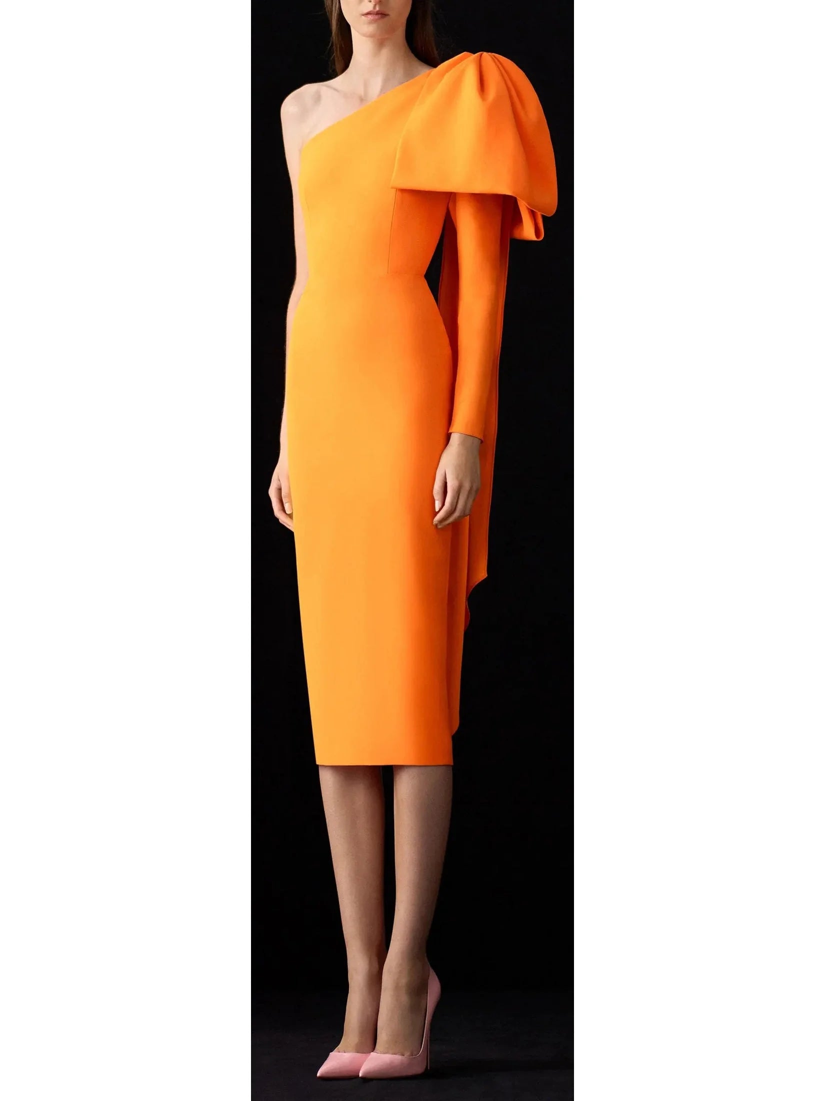 midi dresses with spaghetti strapsOne-Shoulder Bow Fitted Midi Dress in Orange